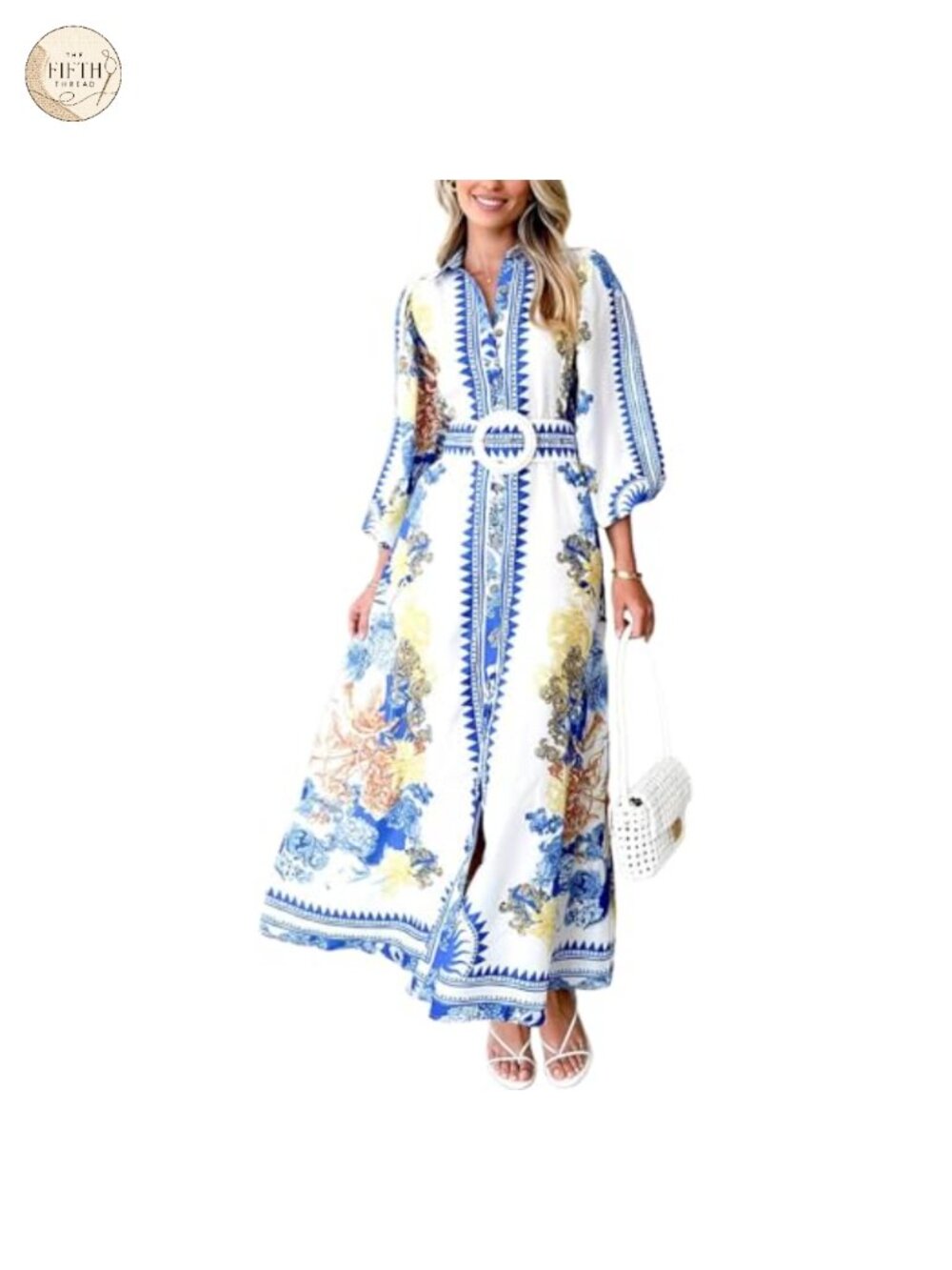Women's Boho Maxi Dress 3/4 Sleeve Button Down A-Line Summer Dress